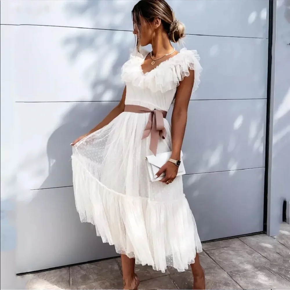 White Ruffle Tulle Elegant Pleated Dress - Picture 3 of 6